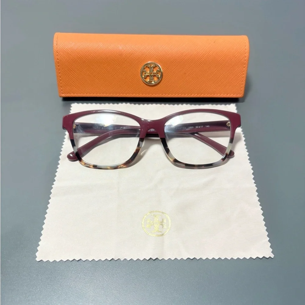 TORY BURCH Burgundy and Tortoise Eyeglasses with Orange Case